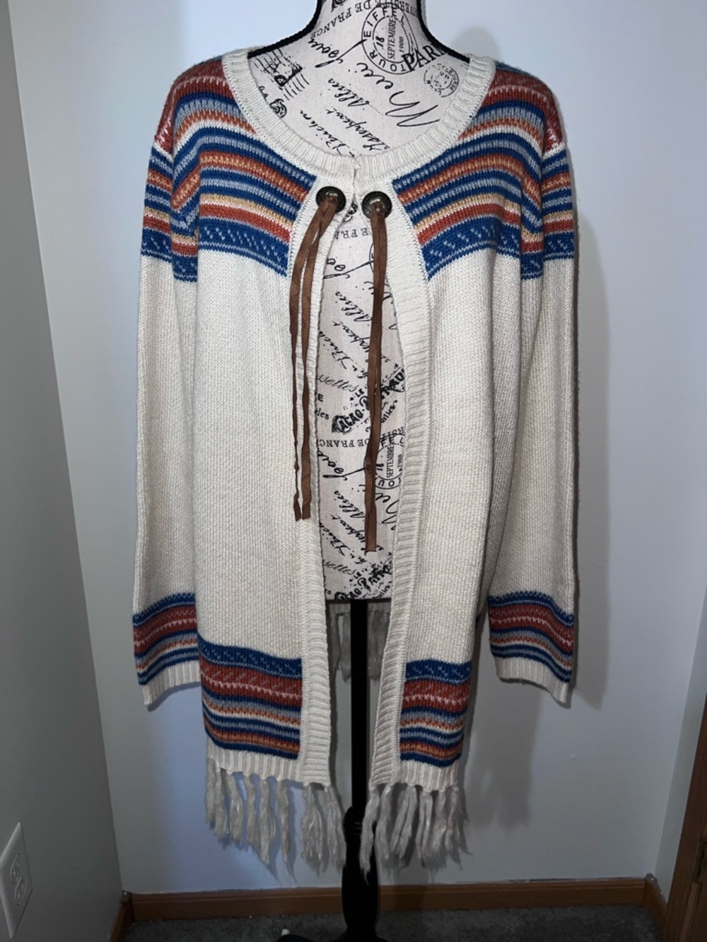 Back in the Saddle Western Fringe Cardigan L Cream Southwest Concho Tie Front